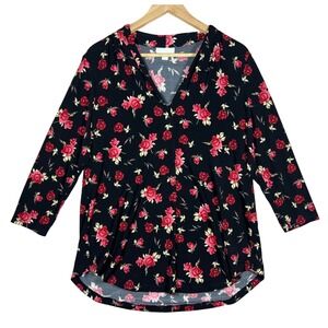 Charter Club Floral Print V-Neck 3/4 Sleeve Tunic Top‎ Black Red Roses M Flowy